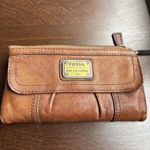 Fossil RARE Long Live Vintage 1954 Bifold Brown Lamb Hide Leather Top Zip Wallet